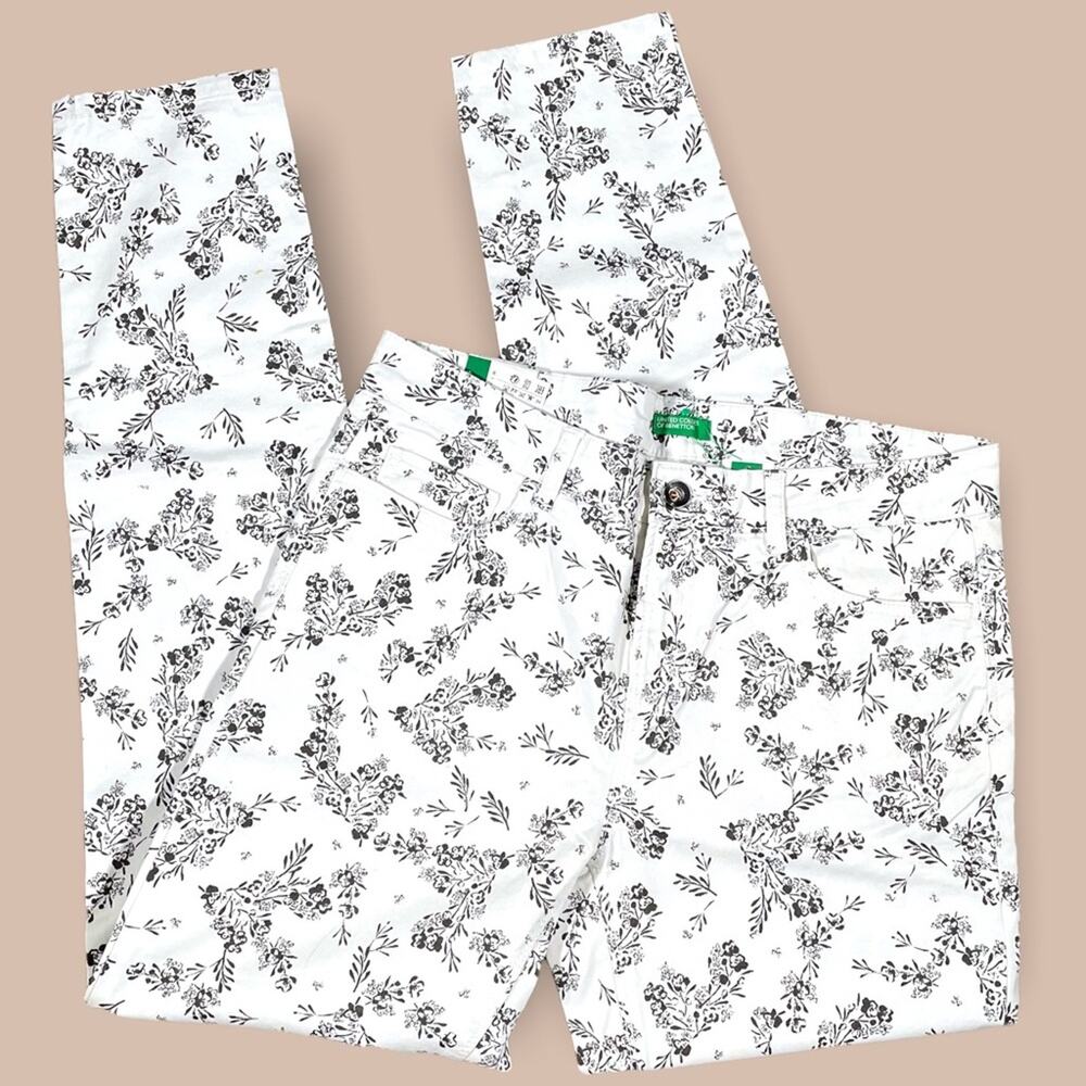 BENETTON Y2K COTTAGECORE FLORAL PRINT SKINNY DENIM JEANS WHITE BLACK - 8 USA